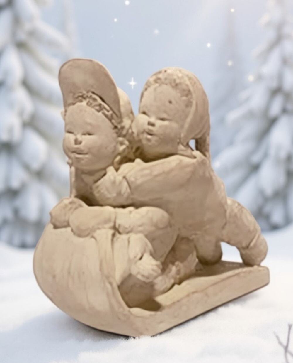 Vintage Austin Sculpture Clay Figurine Sleigh Ride Kids on Sled 7" x 5"